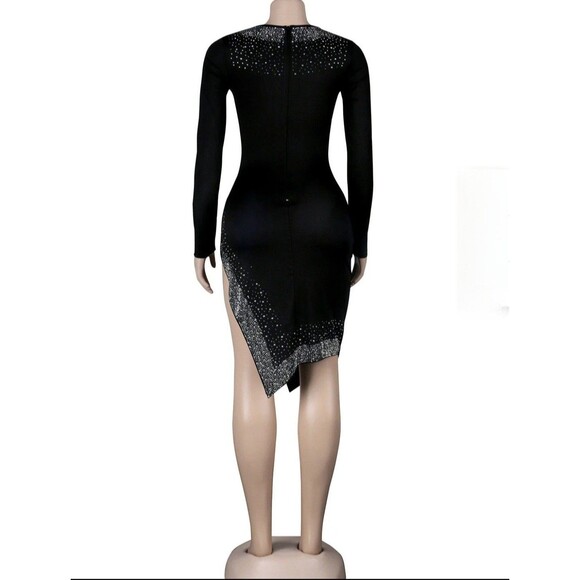 Deja Vu Dress Size M Long Sleeve Sheer Cutout Formal Dress Black High Slit Gems - Picture 12 of 13